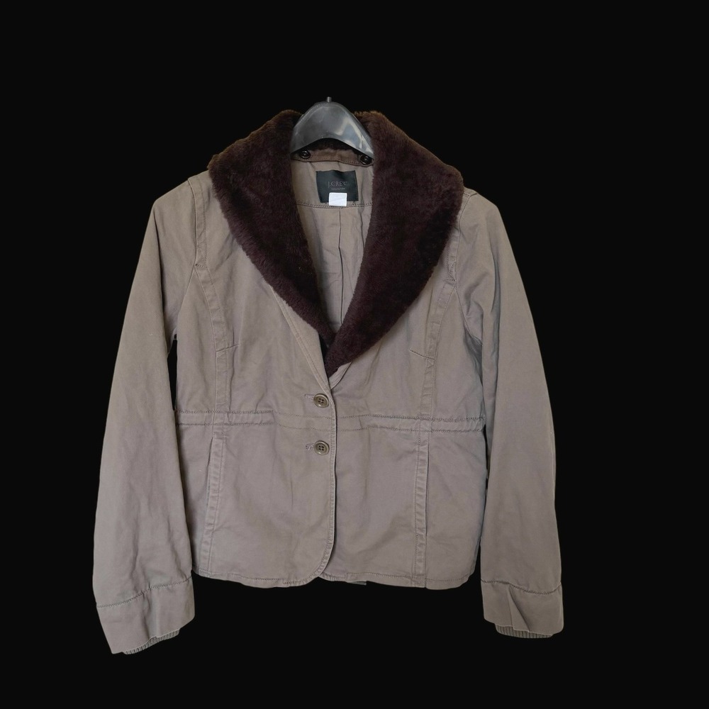 J.‎ Crew Collection Faux Fur Collar Cotton Twill Jacket Olive Brown Sz 6